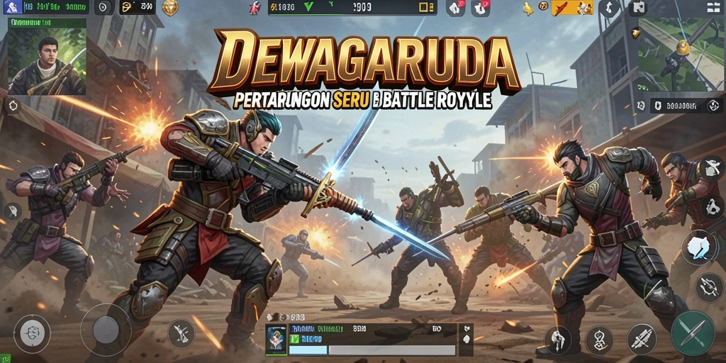 Screenshot utama DEWAGARUDA menampilkan pertempuran seru dalam arena Battle Royale.