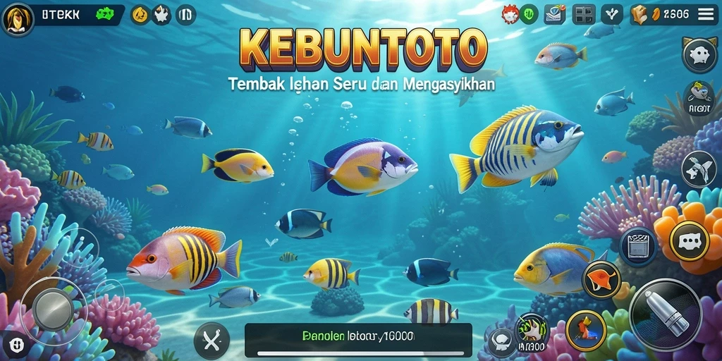 Tampilan gameplay KEBUNTOTO menampilkan aksi menembak ikan yang seru.