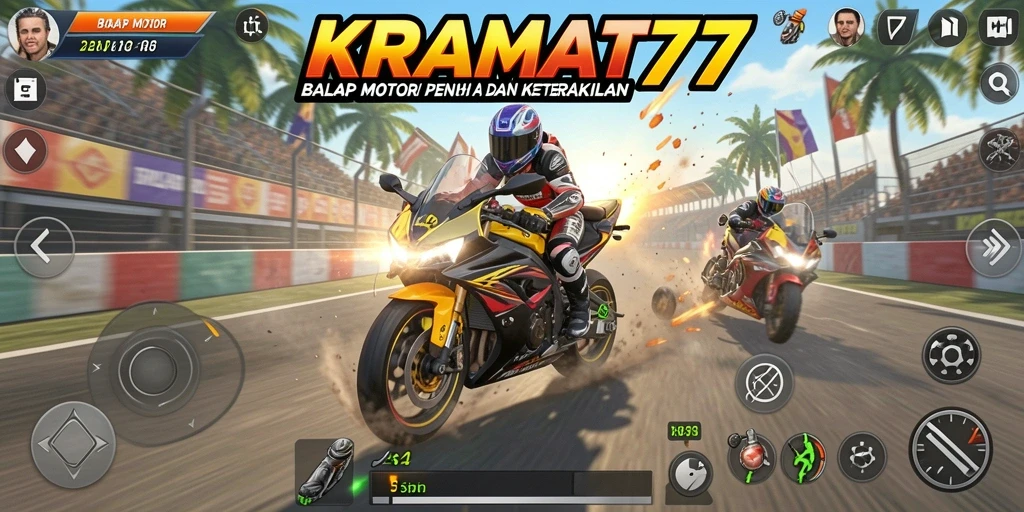 Screenshot gameplay KRAMAT77 menampilkan balapan motor mendebarkan.