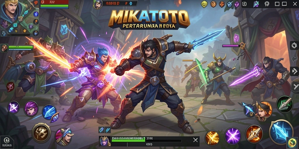 Tangkapan layar gameplay MIKATOTO menampilkan pertarungan antara dua tim MOBA.