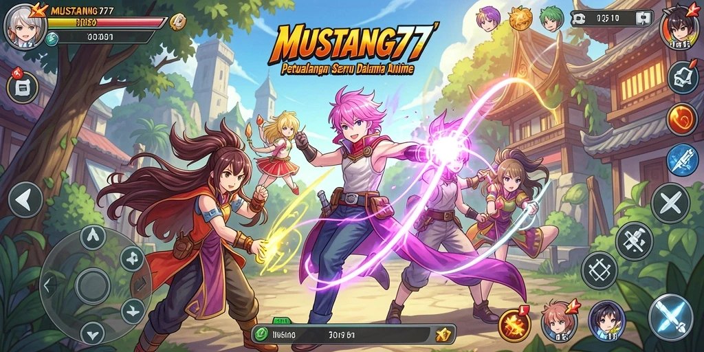Tangkapan layar gameplay MUSTANG77 yang menampilkan aksi seru dan karakter anime.