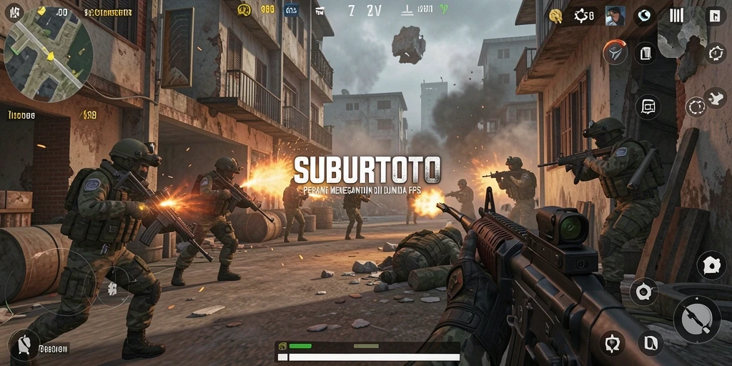Screenshot gameplay SUBURTOTO yang menunjukkan aksi tembak-menembak mendebarkan.